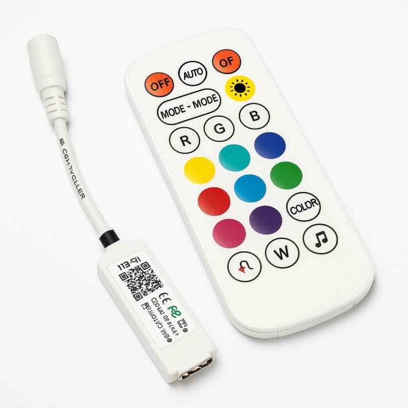 تصویر کنترلر RGB بلوتوثی با ریموت مادون‌قرمز و اپلیکیشن Happy Lighting، مناسب نورپردازی LED و تابلوسازی