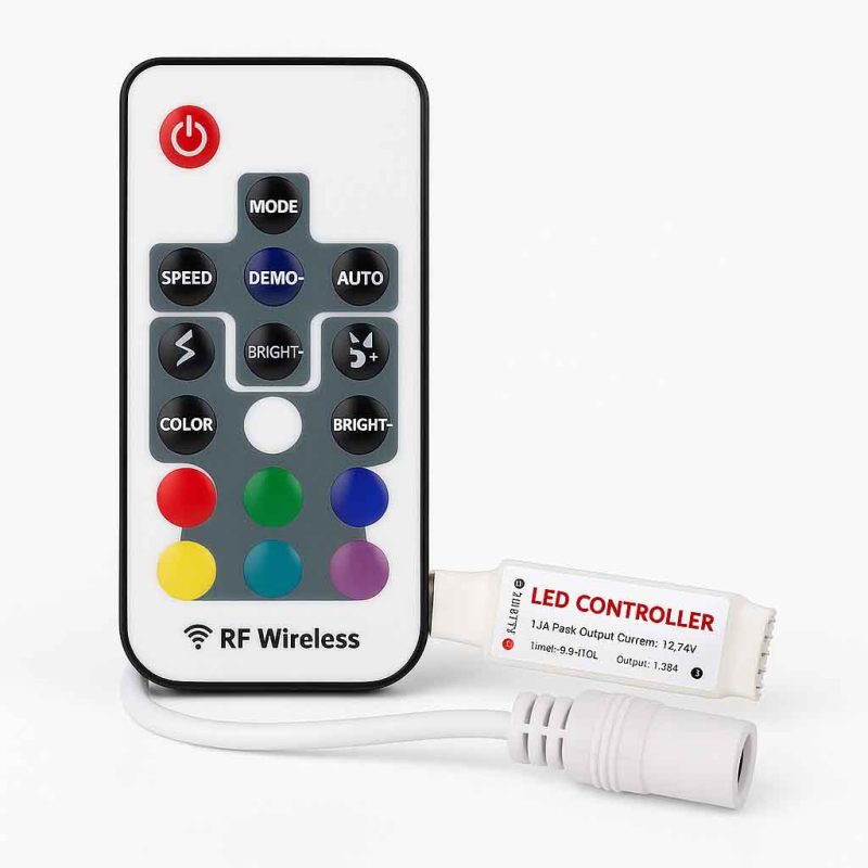 درایور RGB آدامسی 12A با ورودی ولتاژ 12 تا 24 ولت و ریموت RF برای مدیریت و کنترل نورپردازی LED هفت‌رنگ