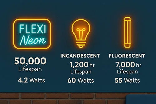 بررسی طول عمر و مصرف انرژی نئون فلکسی. ملزومات مهر ارائه دهنده انواع ملزومات تابلوسازی و نئون فلکسی